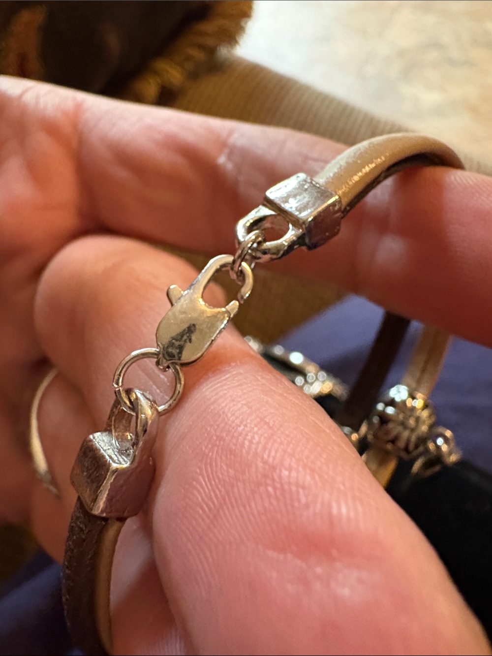 Leather Double-Band Bracelet with Silver Flower & Wing Charm - Brown & Cream - Picture 8 of 8